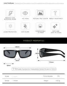 Detailed dimension chart and UV400 feature icons for black outdoor sports sunglasses