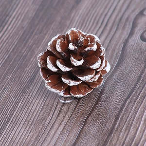 Detail of natural brown pine cone ornament with white frosted tips and silver hanging cord