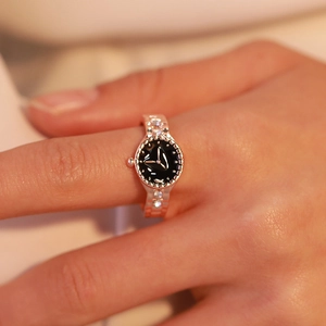 Rose gold watch shaped fashion ring for women featuring black dial and sparkling rhinestones