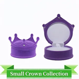 Purple crown-shaped flocked jewelry box with sparkling rhinestones for rings and earrings