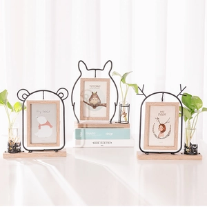 Nordic Style Animal Shape Photo Frame And Hydroponic Vase Desktop Decor Wood Metal Glass For Office Home Ornament
