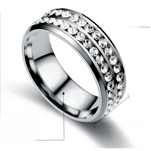 Detail of 8mm titanium steel ring with double row cubic zirconia and polished beveled edges