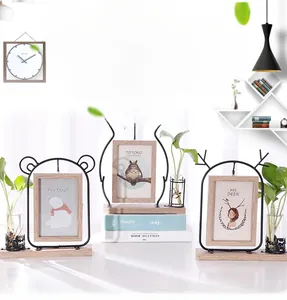 Nordic iron photo frame set with animal ear designs and small glass hydroponic vase