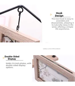 Detail of Nordic 6-inch iron double-sided photo frame with hanging hook and wood texture