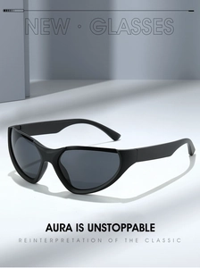 Detail view of matte black semi-rimless cat-eye sports sunglasses with dark grey lenses