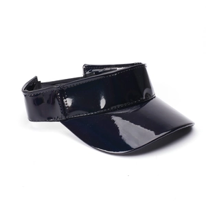 Detail of black laser patent leather sun visor showing glossy finish and precise stitching