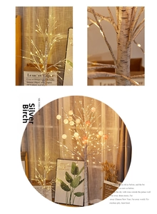 Detail of warm white LED lights on a silver birch tree lamp for indoor Christmas decor