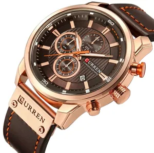 CURREN men's chronograph watch with brown leather strap and rose gold textured dial
