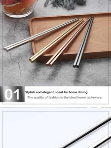 Detailed view of non-slip tip on 304 stainless steel chopsticks in diverse metallic tones