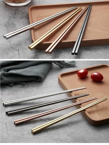 Detailed view of square anti-slip stainless steel chopsticks in four metallic finishes