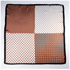 Detail of square silk scarf featuring brown polka dots and floral patchwork patterns