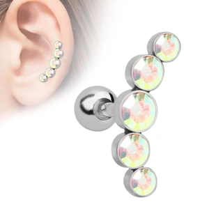 Close-up of rainbow AB crystal curved stud earring with silver steel screw ball back