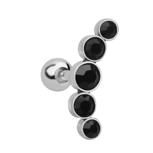Detail view of surgical steel ear stud featuring five black round stones and screw back ball