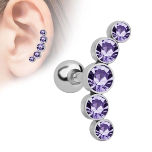 Detailed view of ear climber with five purple cubic zirconia stones and ball back