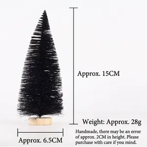 Detail view of 15cm mini black pine tree with dimensions and light wood base