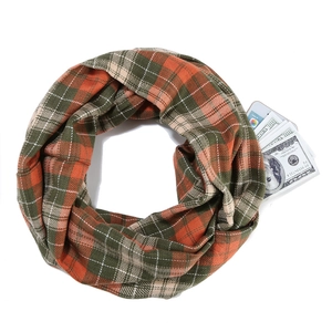 Detail of checkered neck gaiter with a hidden pocket for phone in orange and green