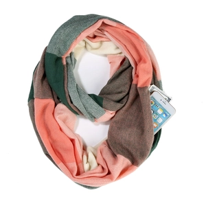 Detailed view of cashmere-feel neck warmer scarf with functional storage pocket and phone