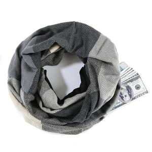 Detail of checkered snood scarf with functional pocket for phone and cards