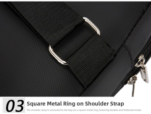 Macro view of the durable shoulder strap connection with square metal buckle on black bag