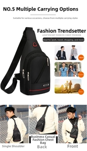 Close-up of black waterproof nylon sling bag with red sport accents and zipper compartments