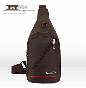 Detail view of brown waterproof oxford chest bag with SPORT earphone hole and zipper