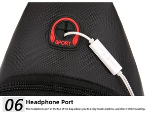Detail of waterproof Oxford fabric chest bag featuring a rubberized SPORT headphone jack