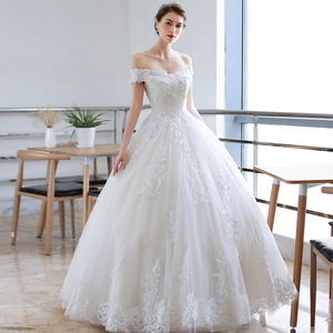 French Style Off-The-Shoulder Wedding Dress Lace Embroidery Sequin Ball Gown Bridal Gown Floor Length Trailing
