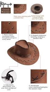 Detail view of dark brown cowboy hat with copper vents and manual cross stitching