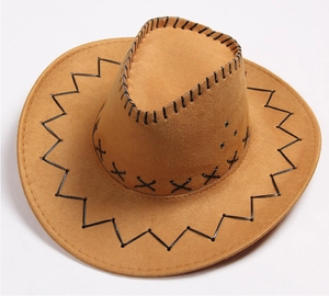 Detailed top view of a brown suede cowboy hat with distinctive black decorative stitching