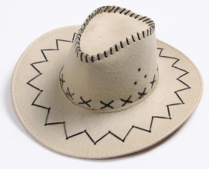Detail of beige felt cowboy hat featuring distinctive black decorative stitching on brim