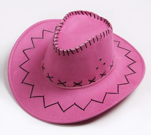 Detailed close-up of pink cowboy hat with black decorative stitching and metal vents