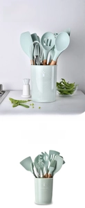 Macro detail of heat-resistant mint green silicone kitchen utensils with wooden handles