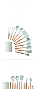 Close-up of heat-resistant silicone kitchen utensil set with natural wooden handles in green