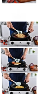 Detailed view of green silicone utensils used for cooking pasta and steak in a non-stick pan