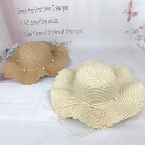 Women Straw Sun Hat Wide Brim Scalloped Edge Artificial Pearl Bow Foldable Beach Travel Elegant Summer