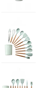Detail of 11-piece light green silicone kitchen utensils with wooden handles and storage bucket