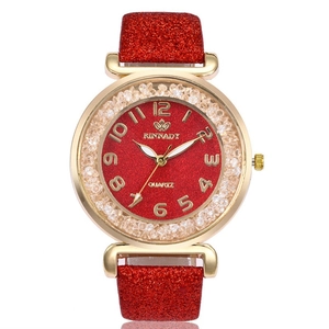 Women's quartz watch with red glitter strap and crystal bezel on white background