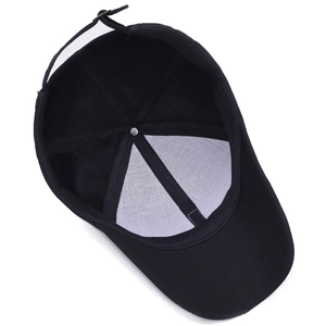 Men's black cotton baseball cap showing internal support lining and metal buckle