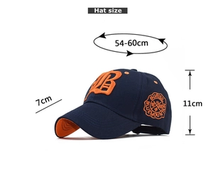 Detailed size guide for cotton baseball cap with 3D embroidery and orange brim