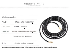 Close-up of 160cm thin woven PU leather belt with decorative gold metal tips