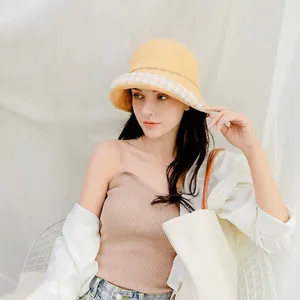 Women's yellow sun hat with stylish plaid brim lining for outdoor summer UV protection