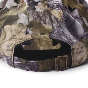 Detail of 3D bionic leaf camouflage hat featuring a metal adjustable buckle closure