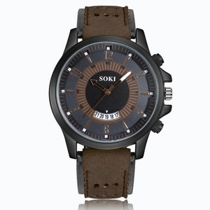 Men's fashion military sport watch with black dial, brown leather strap and calendar