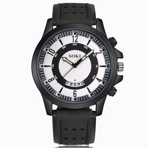 Men's SOKI military sports watch with large white dial, black leather strap and date display