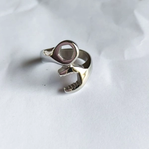 Industrial style silver titanium steel wrench ring for men with creative biker design