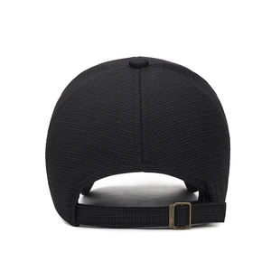 Men's black checkered baseball cap with adjustable metal buckle back view