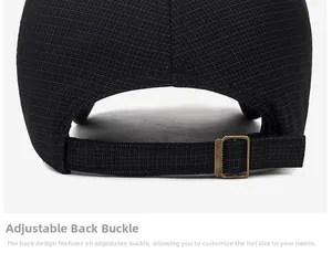 Macro detail of the black plaid fabric cap featuring an adjustable bronze metal buckle