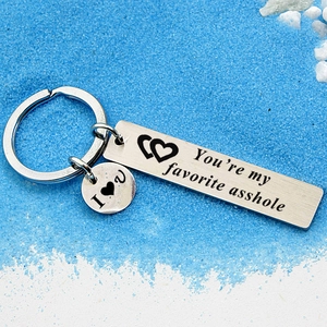 Stainless steel couple keychain with You are my favorite asshole engraving on blue sand