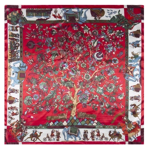 Ethnic 90cm square silk scarf with red tree of life and animal motifs on white border