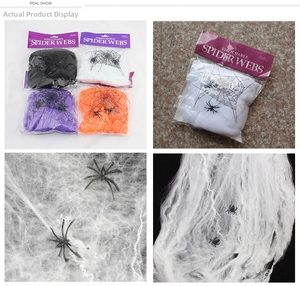 Stretchable Halloween spider webs in four colors with small plastic spiders for party decor